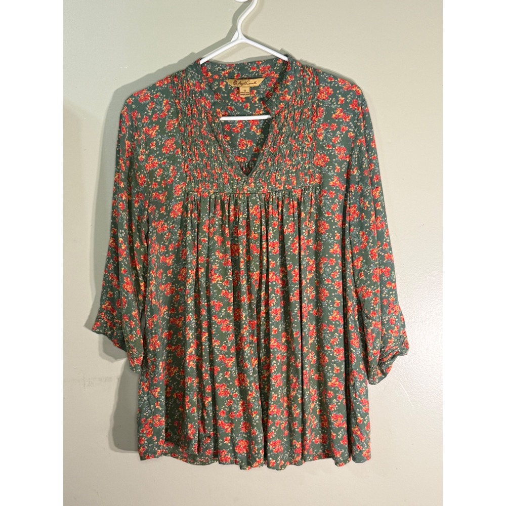 April Cornell Green Floral Pintuck Rayon Blouse M 3/4 Sleeve Boho Tunic Top